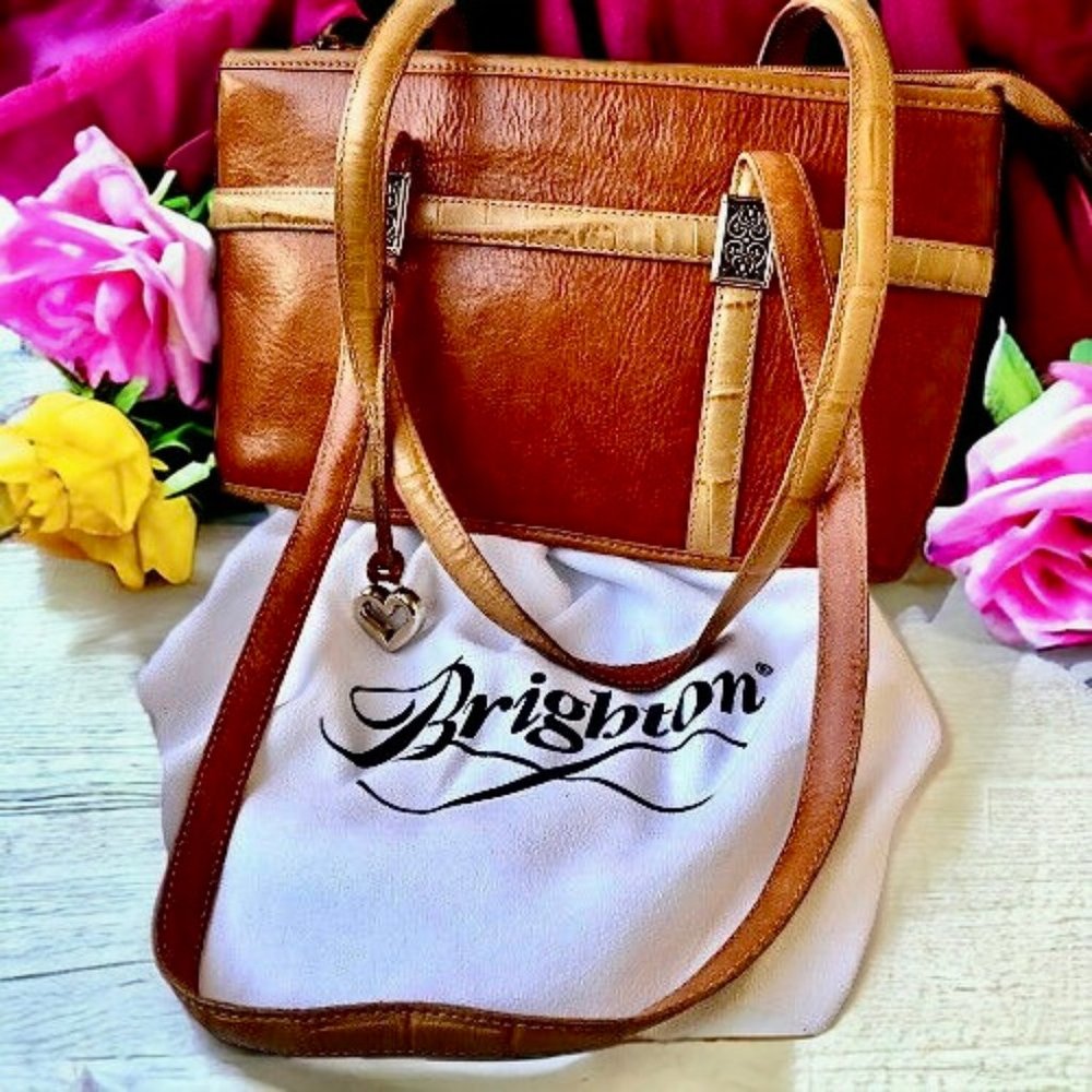 Brighton Vintage Brown Leather Tote Shoulder Bag Crocodile Trim Heart Charm